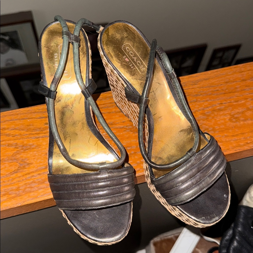 Coach Black Leather Wedge Sandals with Braided Espadrille - Picture 9 of 16